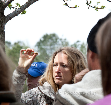 Kim Calhoun co-leading a botanical field trip on the grounds of Shakori